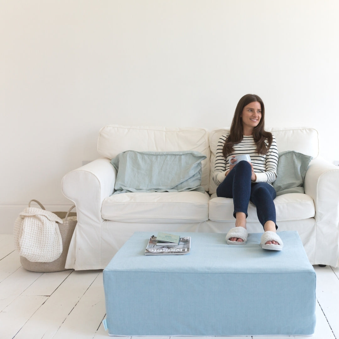 Linen Fold Out Bed / Footstool Putnams blue guest bed