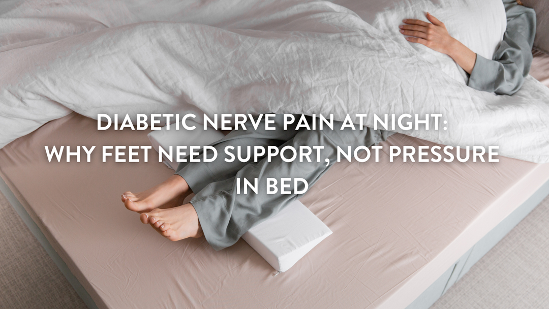 Person lying in bed using the Putnams Heel Lift Leg Pillow to relieve diabetes foot pain