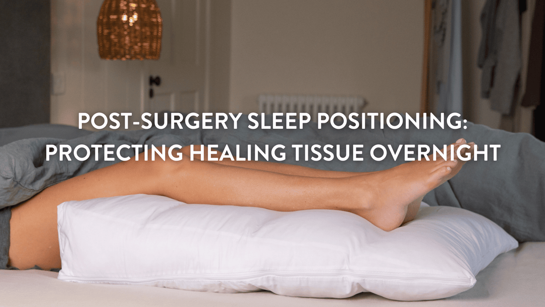 person lyinmg flat on a bed utilising a Putnams wool bed wedge after a knee operation to support elevating their knee