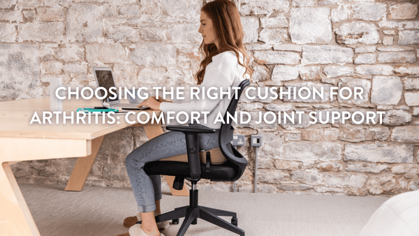 person sitting on a office swivel chair with Putnams arthritis relieving cushion