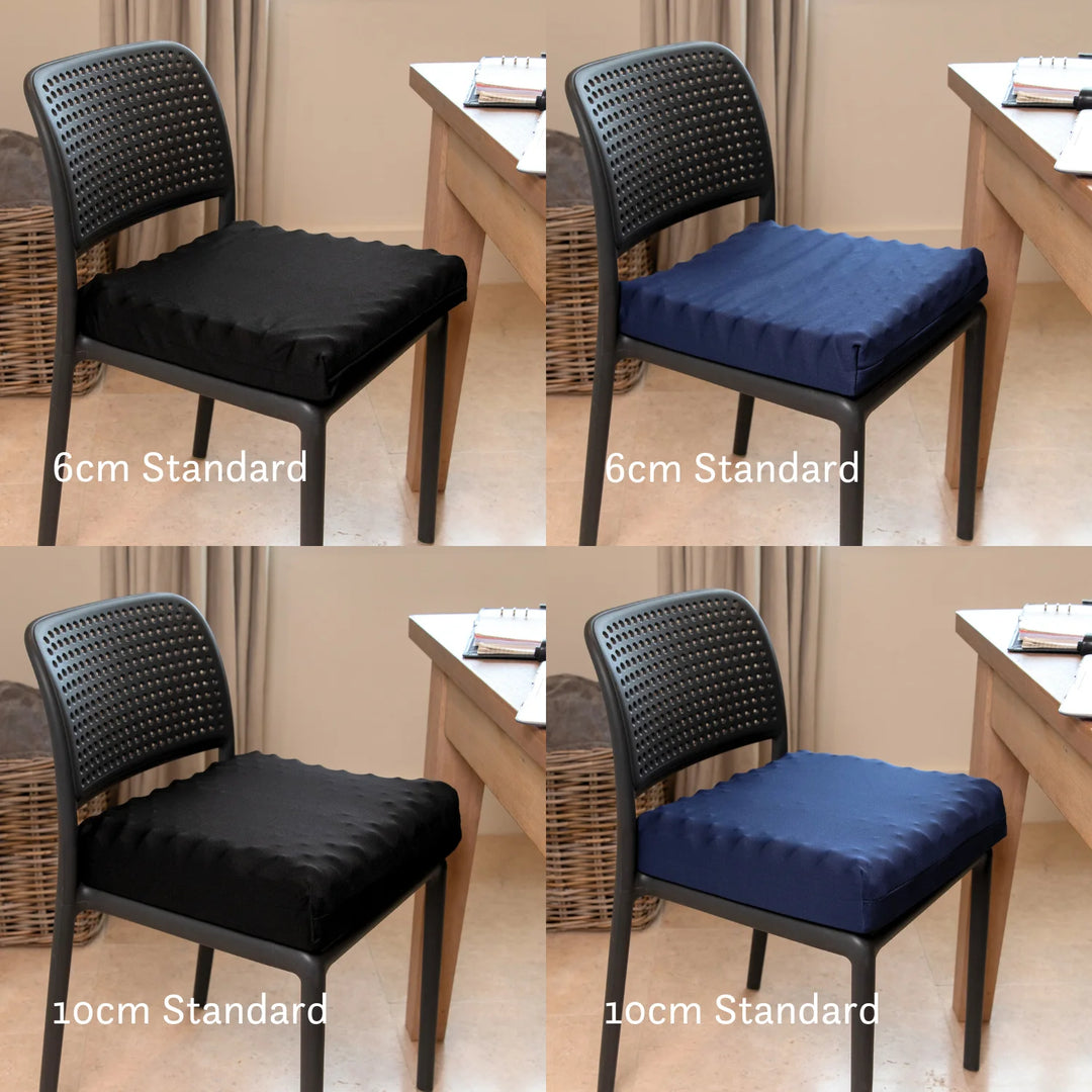 Tailbone Pain Cushion with a cut out for pressure relief at the back of the cushion. Stretch navy blue or black cover available in different sizes. High density foam with a 2 year guarantee.