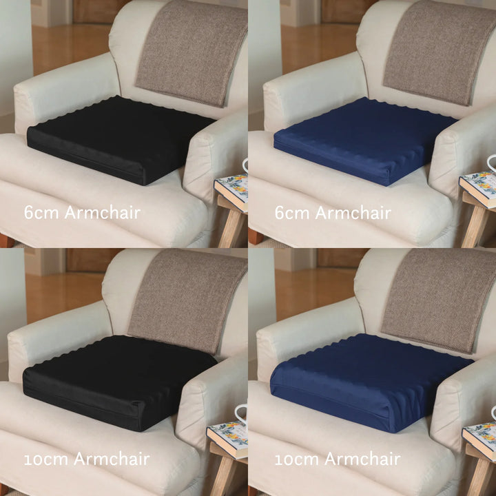 Tailbone Pain Cushion with a cut out for pressure relief at the back of the cushion. Stretch navy blue or black cover available in different sizes. High density foam with a 2 year guarantee.