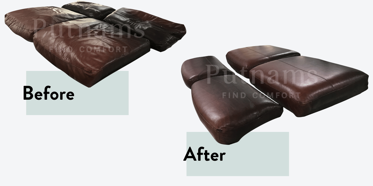 before & after leather sofa cushions refilled with firm high density foam