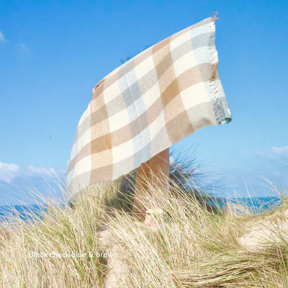 British Lambs Wool Blanket - brown and blue check pattern