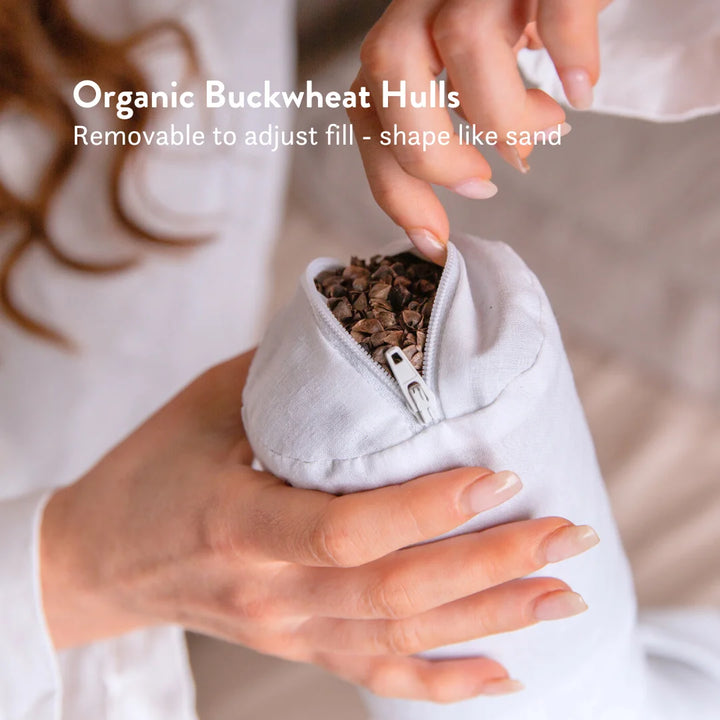 Cervical Roll - Neck Support Pillow Insert - Organic Buckwheat hulls, removable to adjust fill - shape like sand.