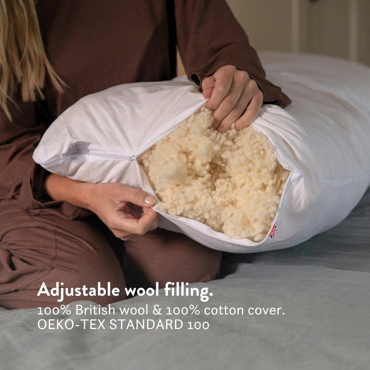 Wool Body Pillow - Side Sleep & Pregnancy 100% cotton cover. For hips, knee, shoulder and back pain. Natural materials. No plastics. 