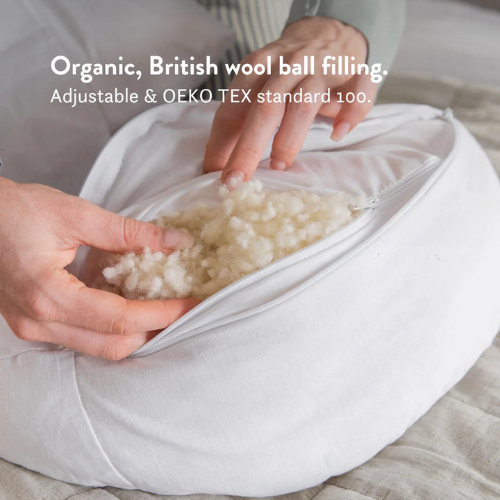 Organic, British wool ball filling pregnancy bump pillow for sleep. Adjustable & Oeko tex standard 100.