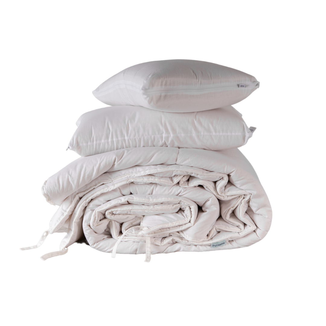 Height Adjustable Wool Pillow & Wool Duvet Set - Bundle Putnams 100% cotton pillows and duvet buy together handmade in the UK Devon